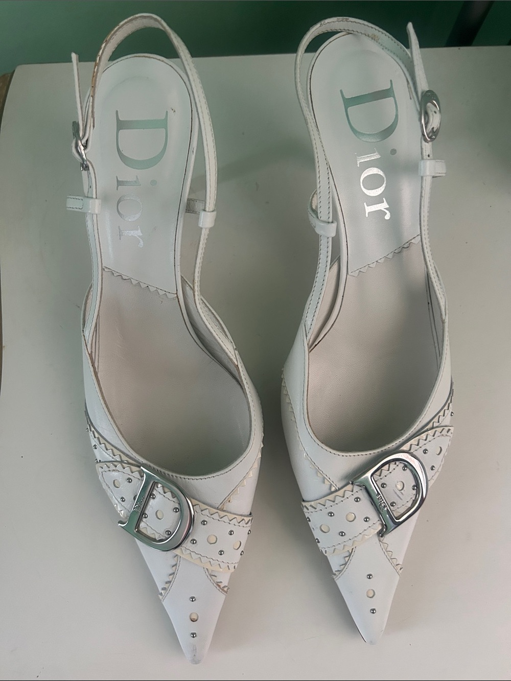 Dior White Pointed Slingback Pumps with Silver Buckle & Studs